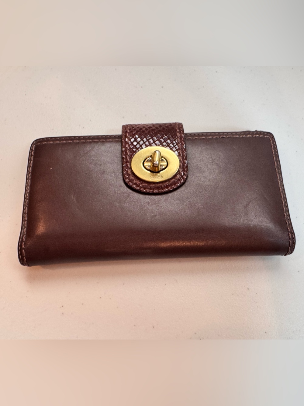 Coach Leather Turn-Lock Checkbook Wallet in Dark Brown